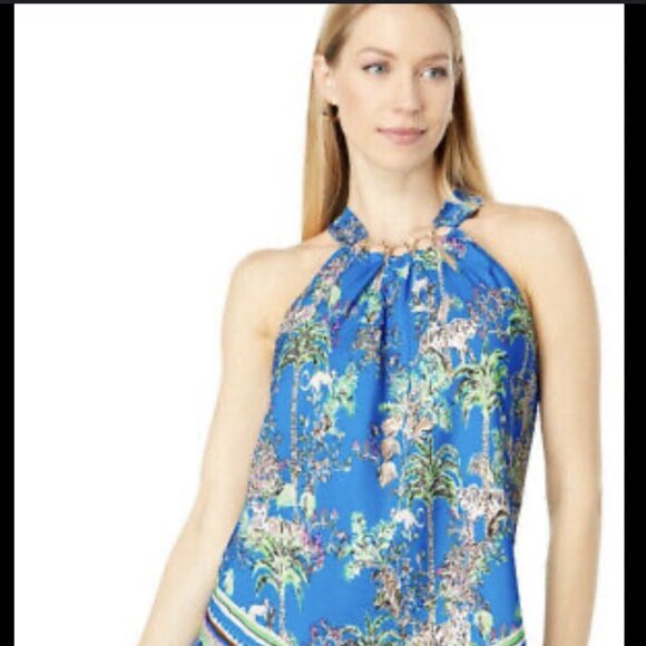 Lilly Pulitzer Julien Top in “Blue thistle Tiger Queen” 💙🐯🐅 🩵🌴 - Picture 1 of 7